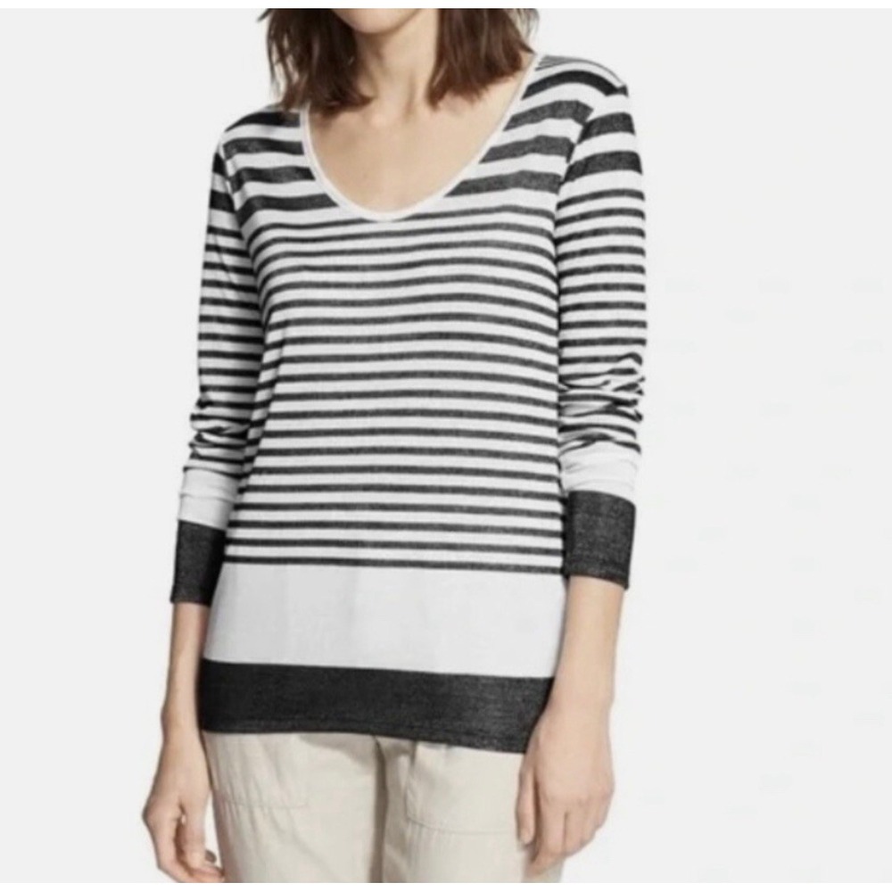 Vince Womens Black White Variegated Stripe Scoop Neck Long Sleeve Top Size M